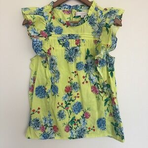 LOFT Floral Romantic Ruffle Shell Top Lime Yellow Pintuck Smocked Blouse Small